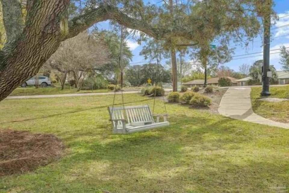 Oak trees offer shade and swing to relax and people watch. 