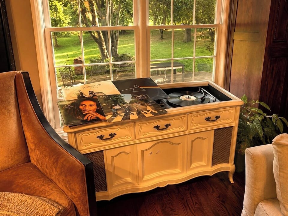 The livingroom has a Bose Bluetooth speaker & a vintage radio record player. 
