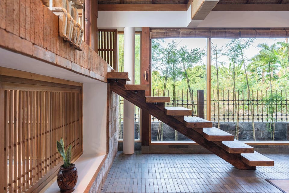 Wooden staircase to balcony