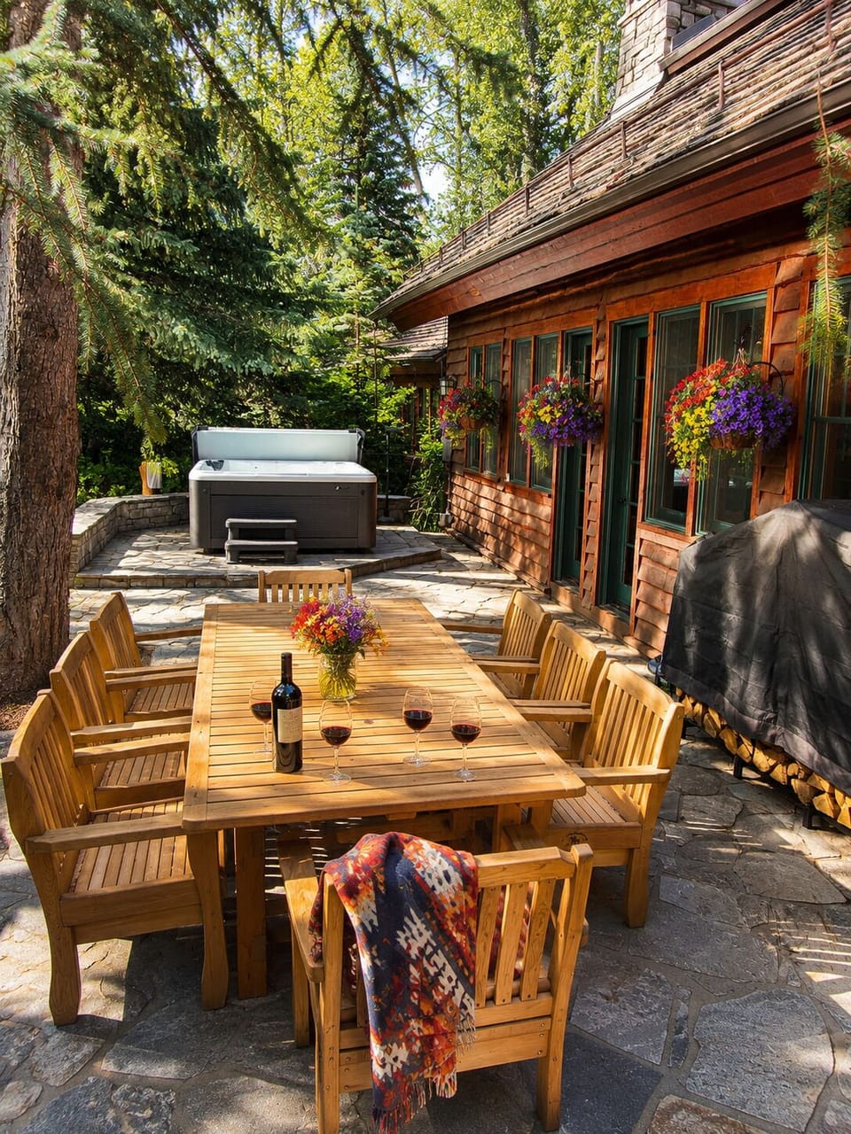 Your private patio invites al fresco dining under towering pines, complete with a hot tub for starlit soaks and vibrant blooms framing every moment of mountain relaxation.