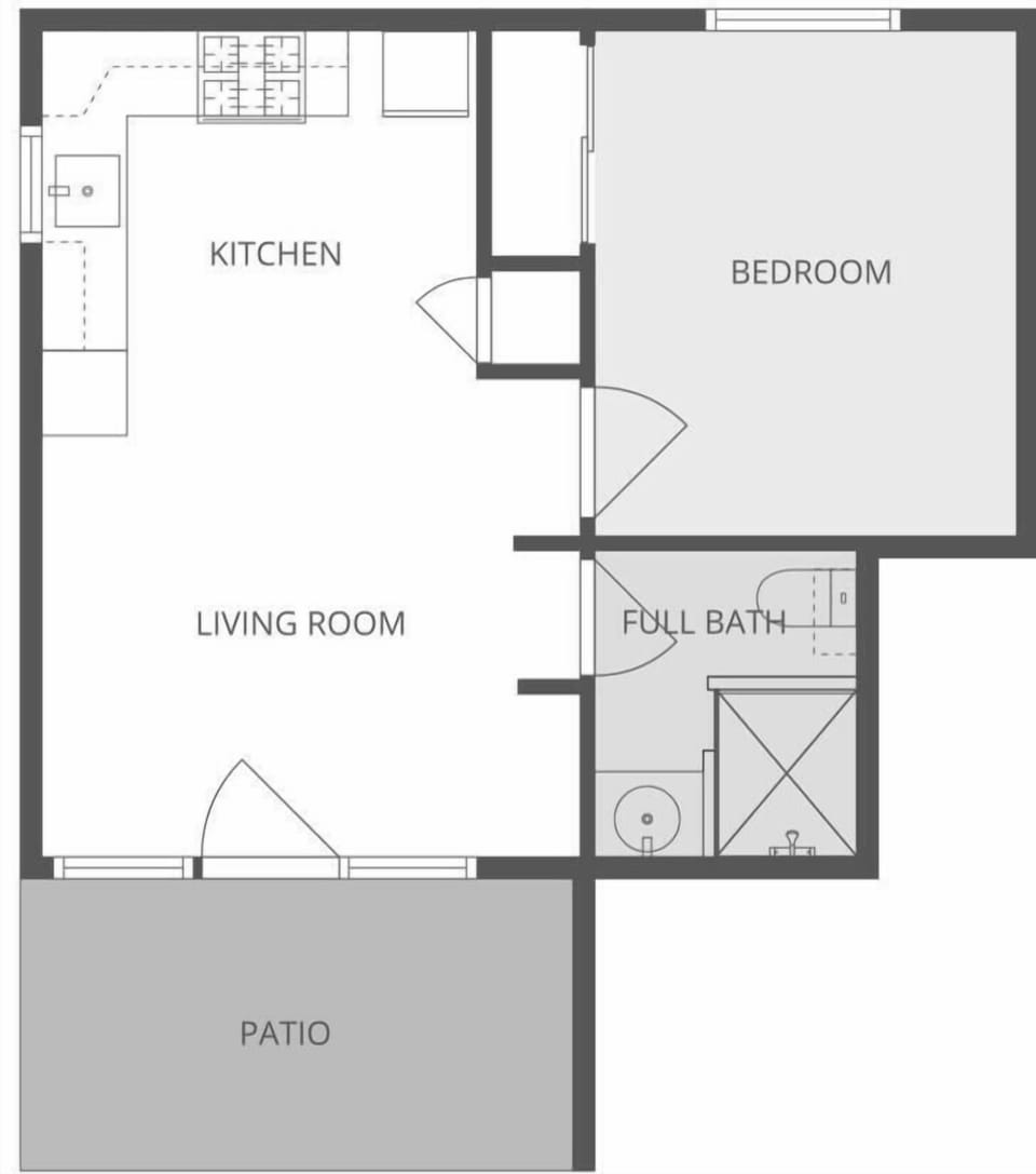 Review the floor plan to see exactly how the space flows across the bedroom, living area, kitchen, bath, and patio.