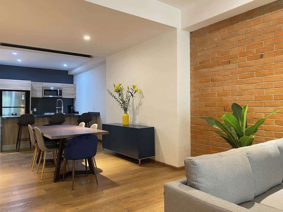 Living room with kitchen view
