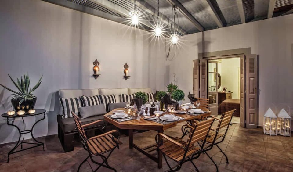 Outdoor Dining Area at Night with Ambient Lighting