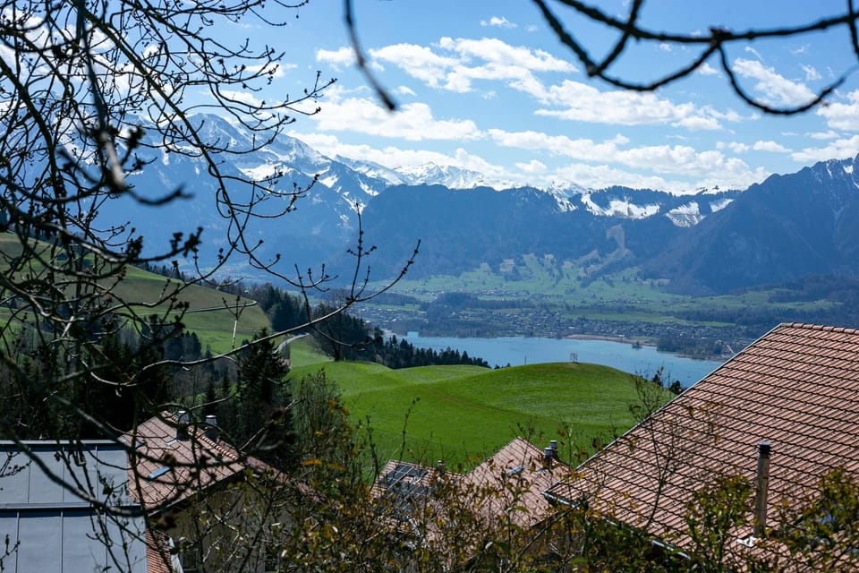 Stunning landscape with mountain backdrop and Lake Thun