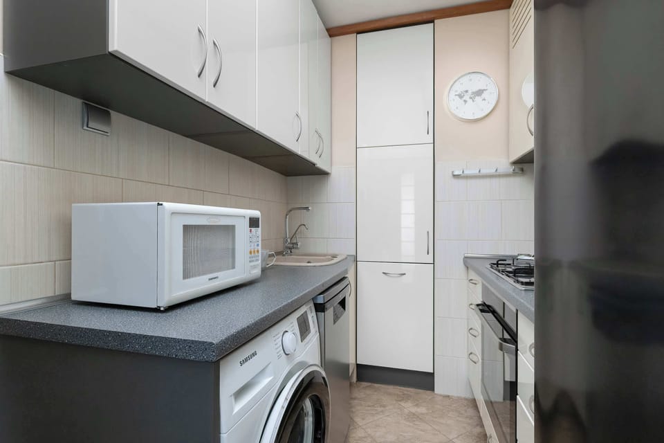 The functional kitchen space includes a front-loading washing machine integrated under a speckled grey countertop. White cabinetry and a microwave maximize the utility of this narrow layout.