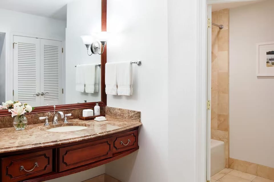 Get ready with generous counter space and a spotless shower.