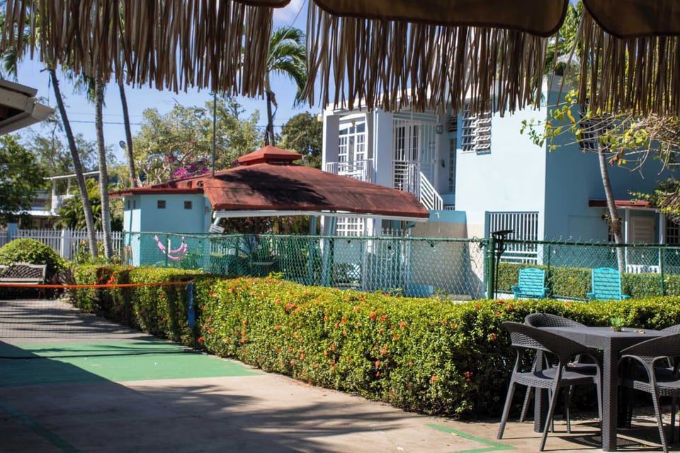 Poolside bar and lounge area shaded by a beautiful palapa roof