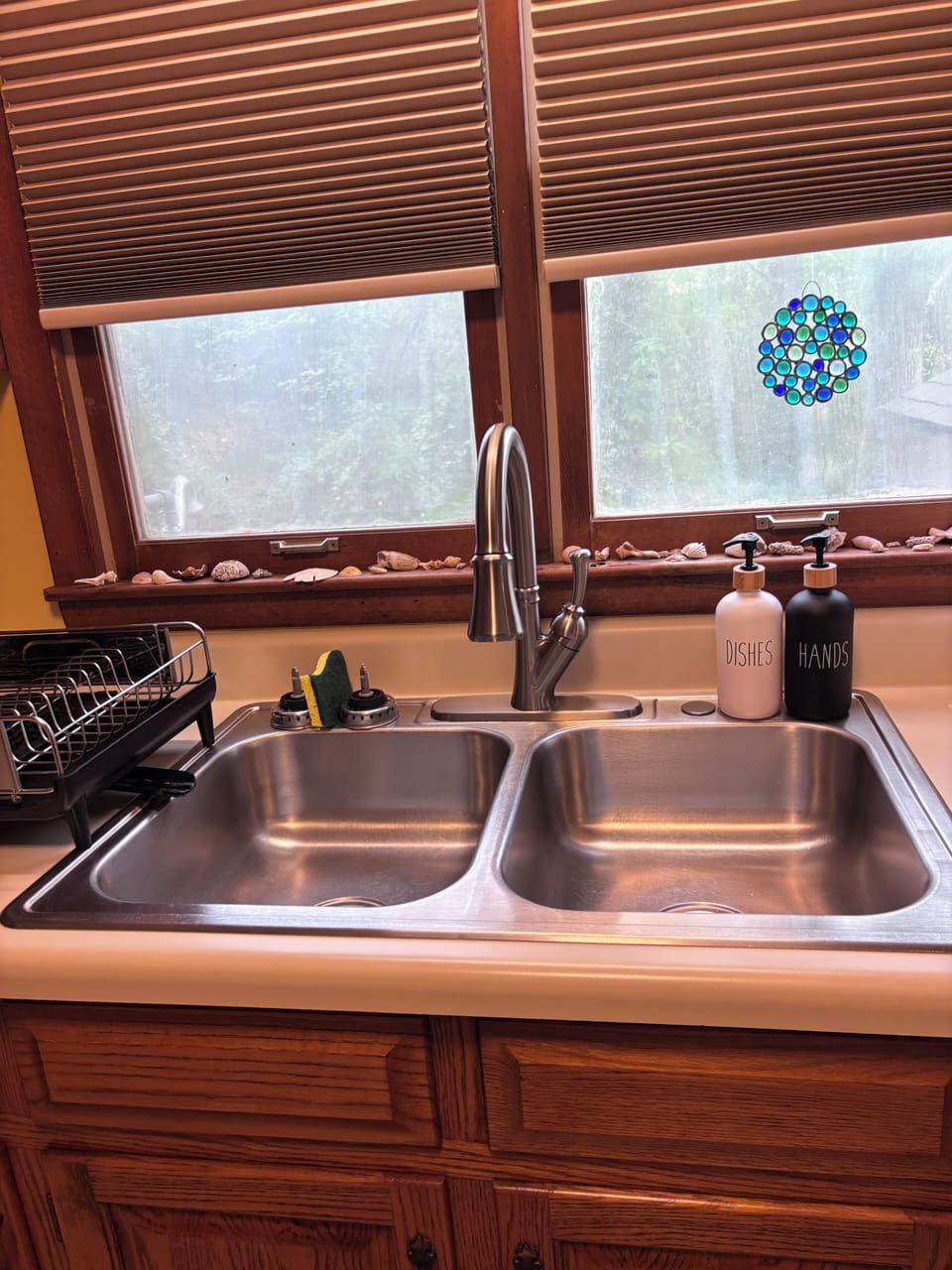 Kitchen sink with a wooded view.