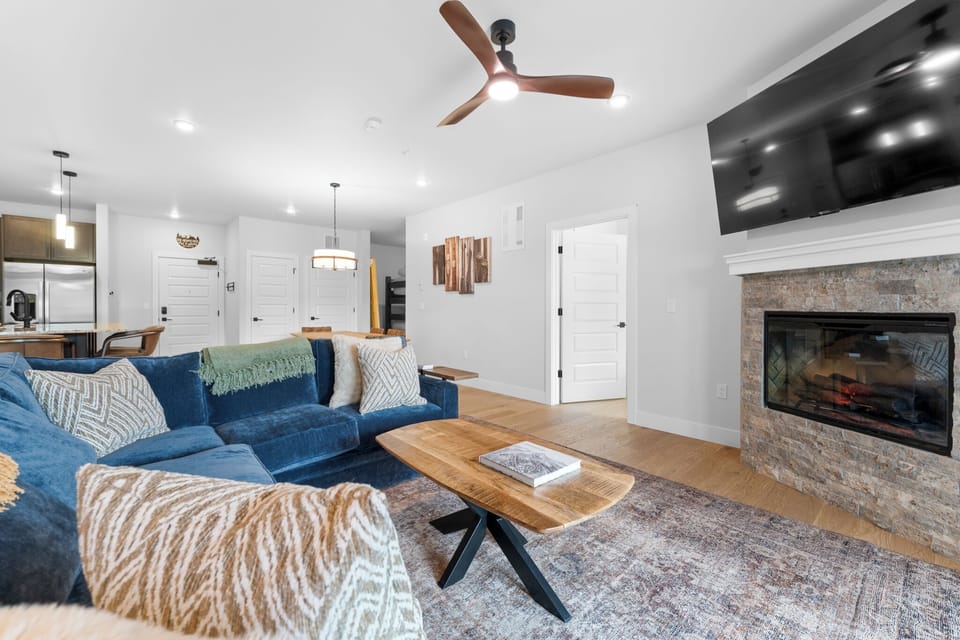 Living area with programmable fireplace, TV, and queen sleeper sofa.