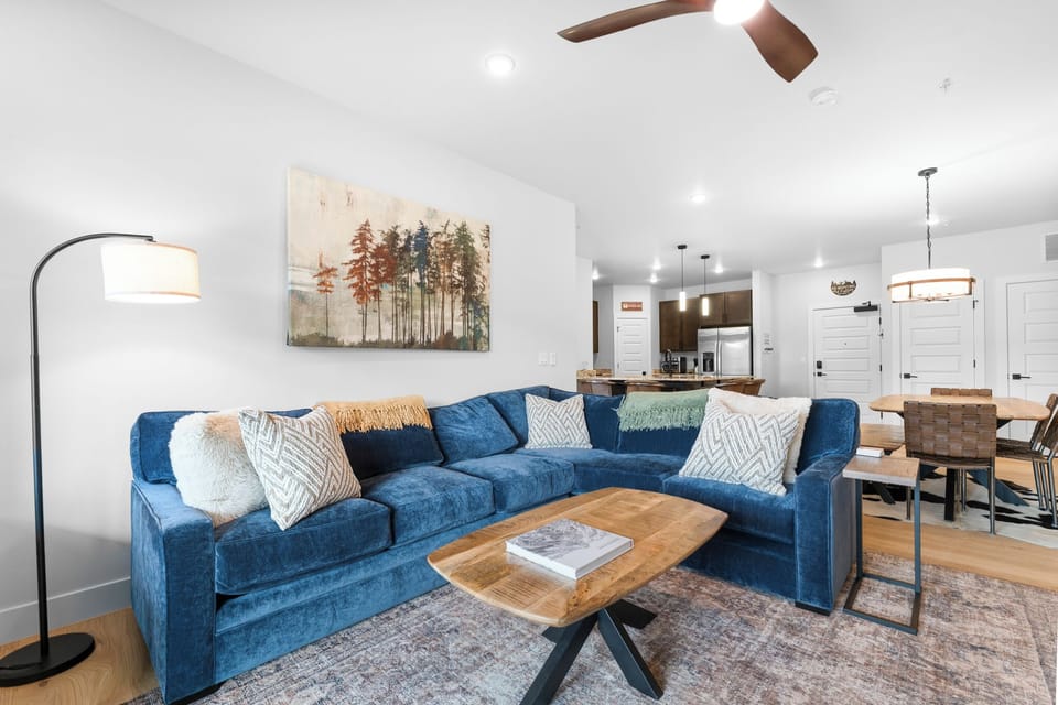 Living area with programmable fireplace, TV, and queen sleeper sofa.