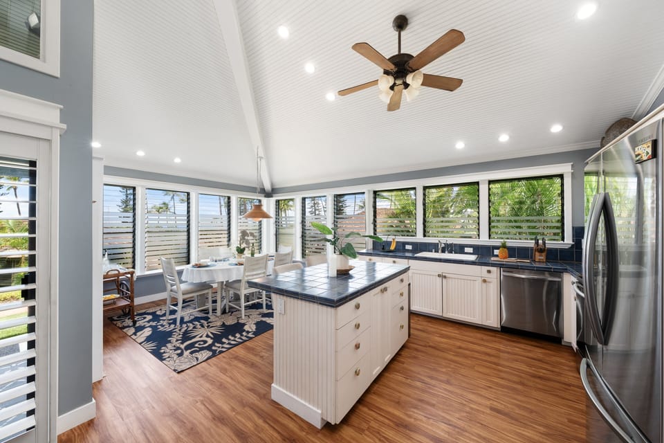 Spacious kitchen with ample prep space and open views to dining areas.