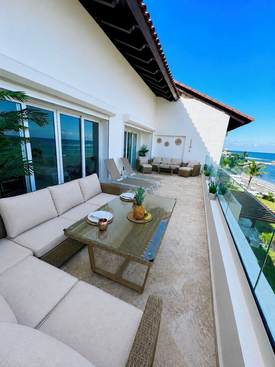 Spacious Oceanfront Terrace, multiple sitting/dining areas with panoramic views