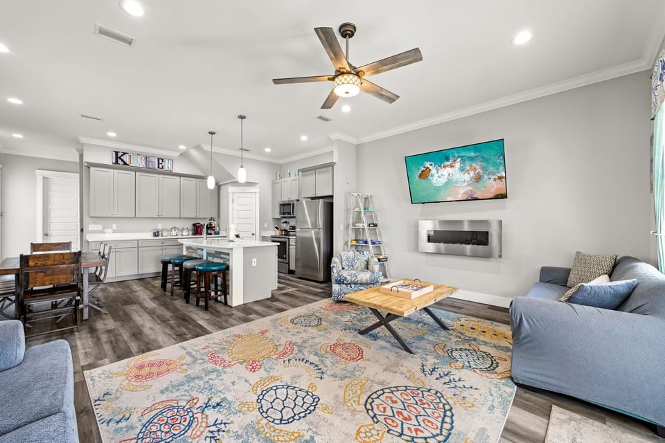 spacious living room with a pullout sofa bed
