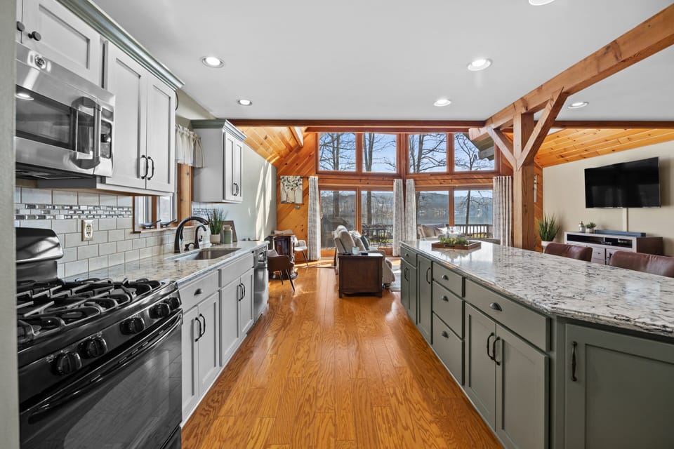 Beautiful full kitchen with views of the lake