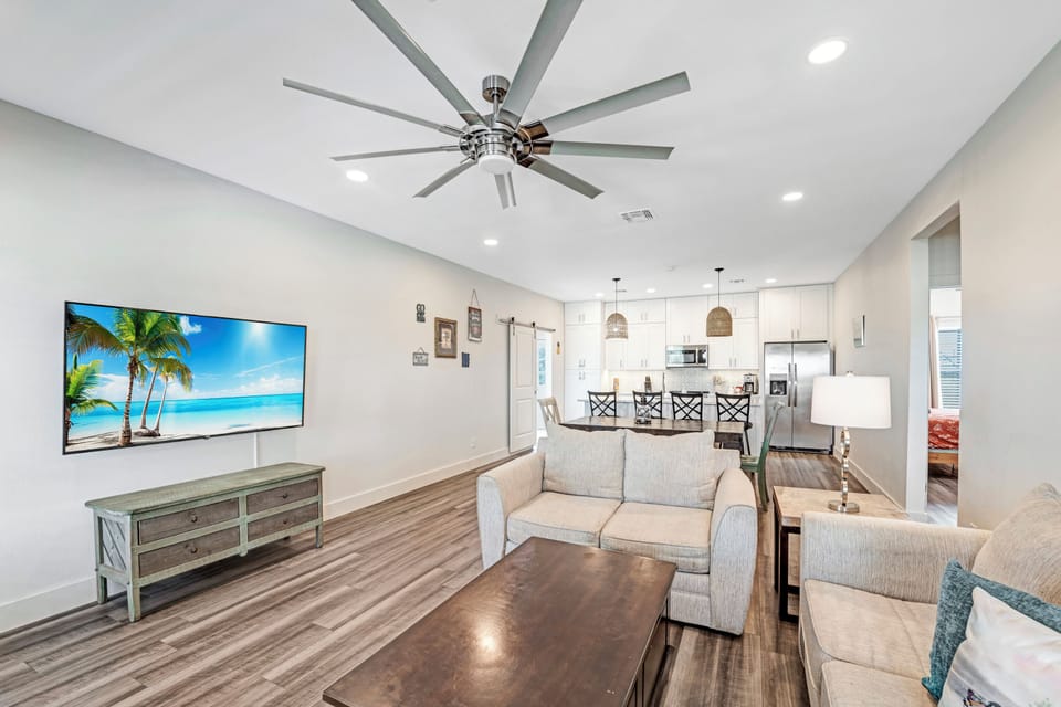 Comfortable open living area with smart TV