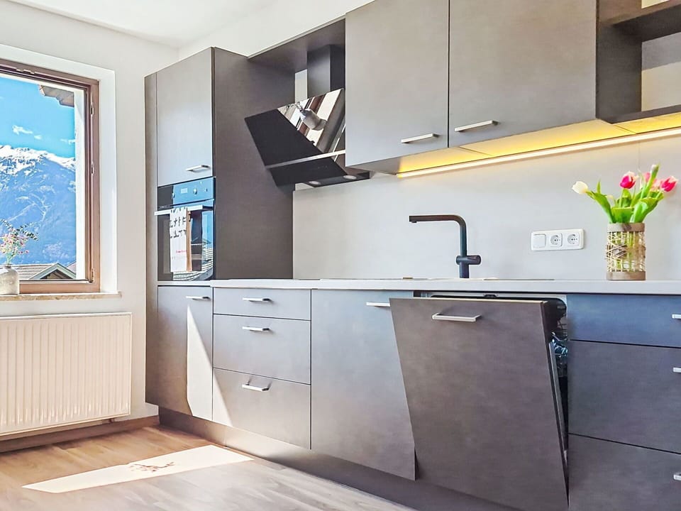 Kitchen, Kitchen Appliance, Countertop, Furniture, Interior Design, Flooring, Cabinetry, Wood, Home Appliance, Major Appliance