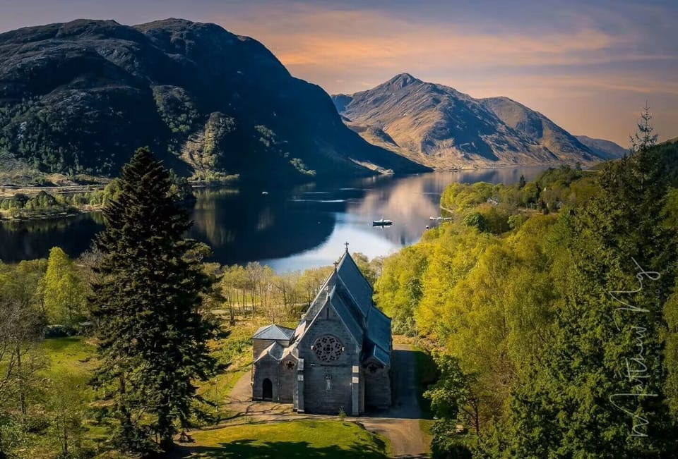 Arial view over the Glenfinnan Church and Loch Shiel beyond