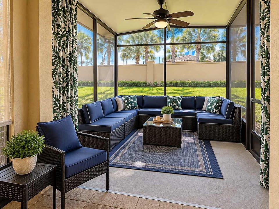 Soak up the sunshine in this bright, enclosed sunroom. Featuring panoramic windows and a ceiling fan, it's the perfect, comfortable spot to relax and enjoy the outdoor views from inside.