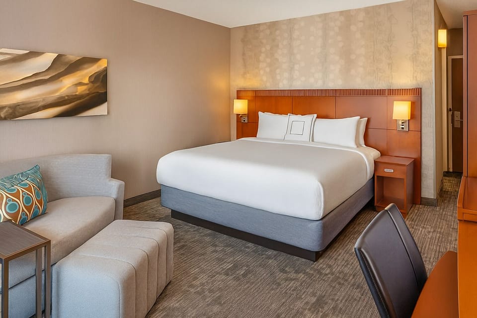 Sink into plush comfort with lounge seating beside your bed.