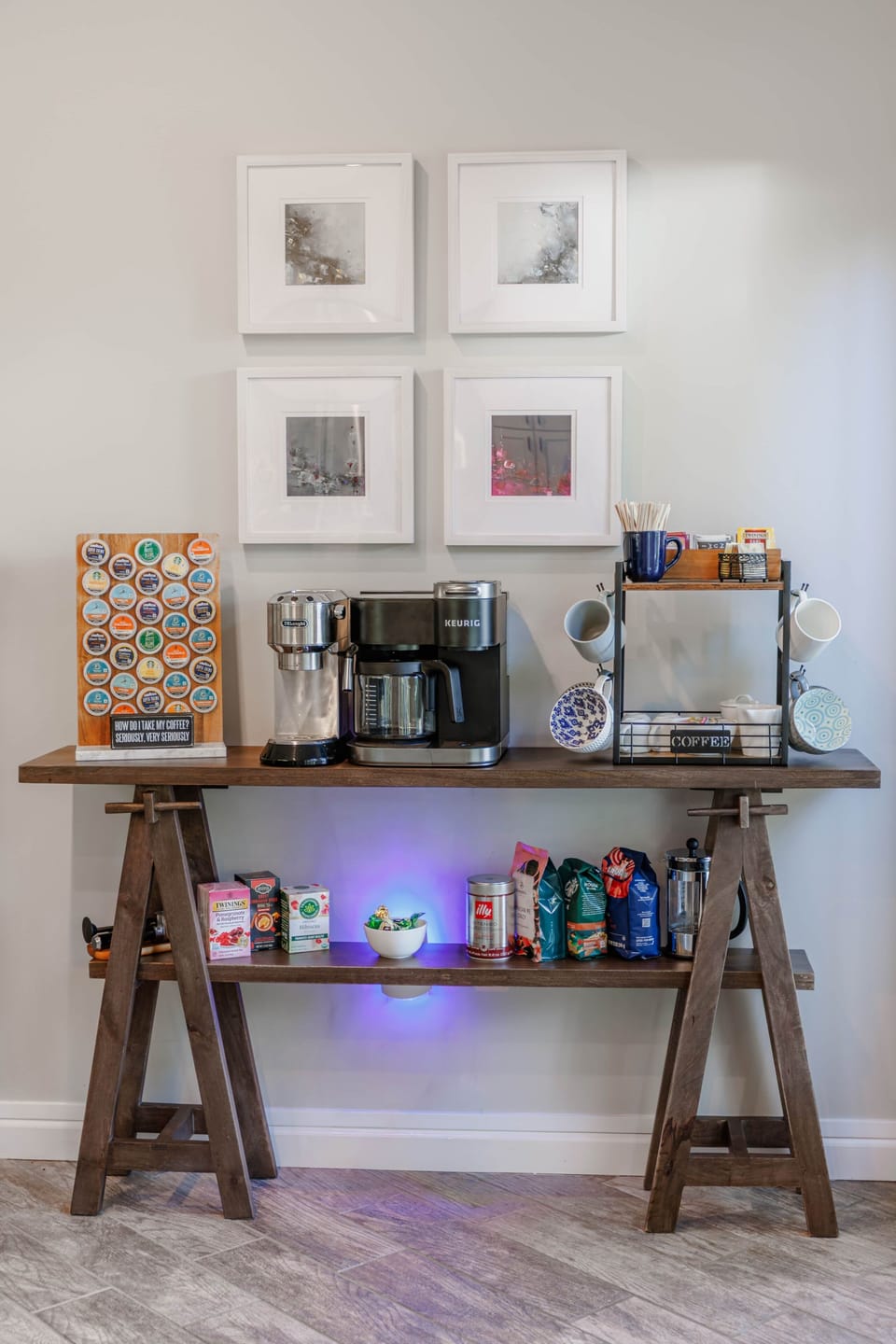 Coffee bar with Keurig drip, espresso, cappuccino, teas & hot chocolate.