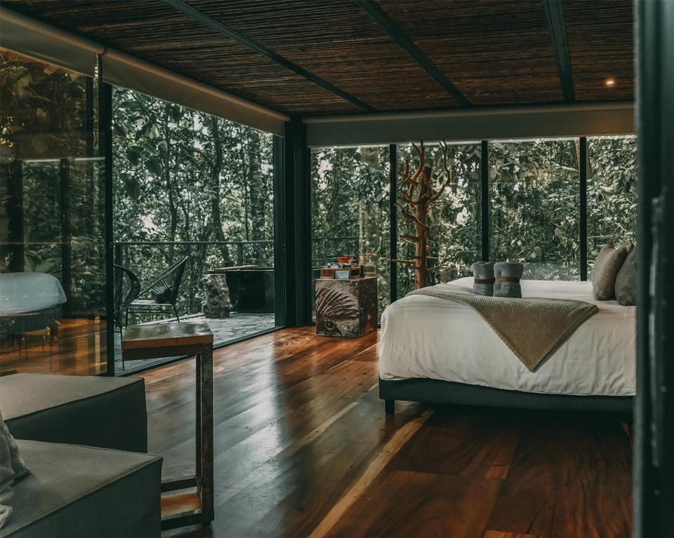 Wake up to treetop views through expansive glass walls.