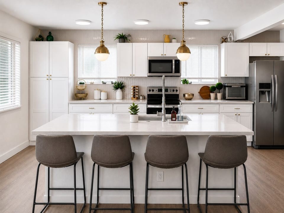 Our kitchen is spacious and fully stocked.
