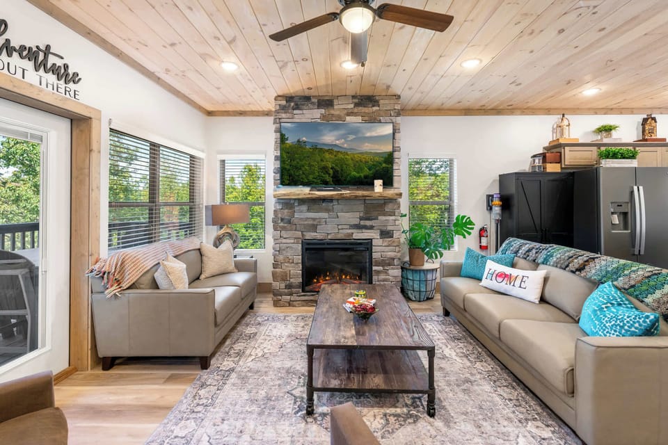 Cozy living room with fireplace, & Smart TV