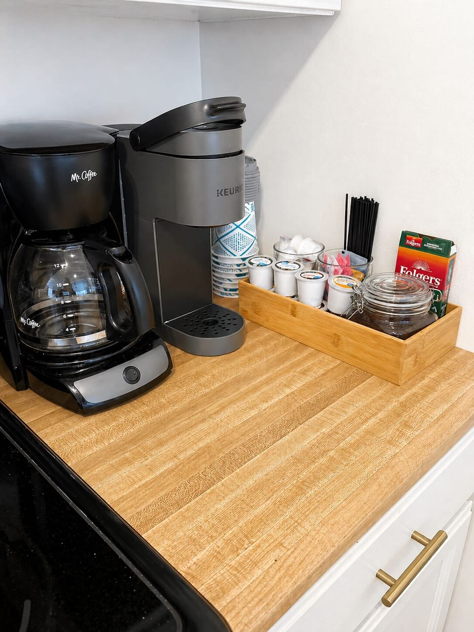 Coffee bar ready for you! Drip or Keurig—plus coffee, pods, and all the extras