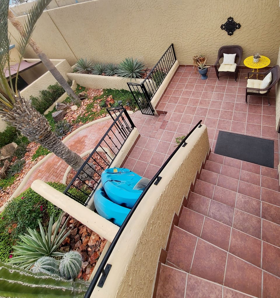 lower patio with kayaks