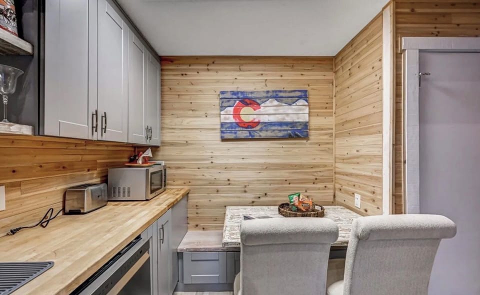 Kitchen table with built in bench addt chairs in closet