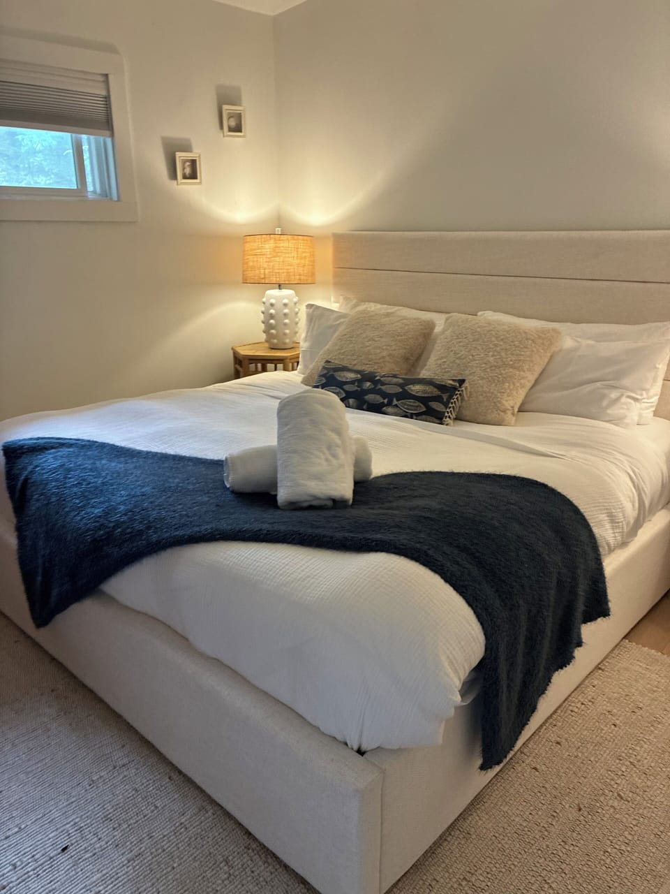 Brand new king bed in the bedroom. 