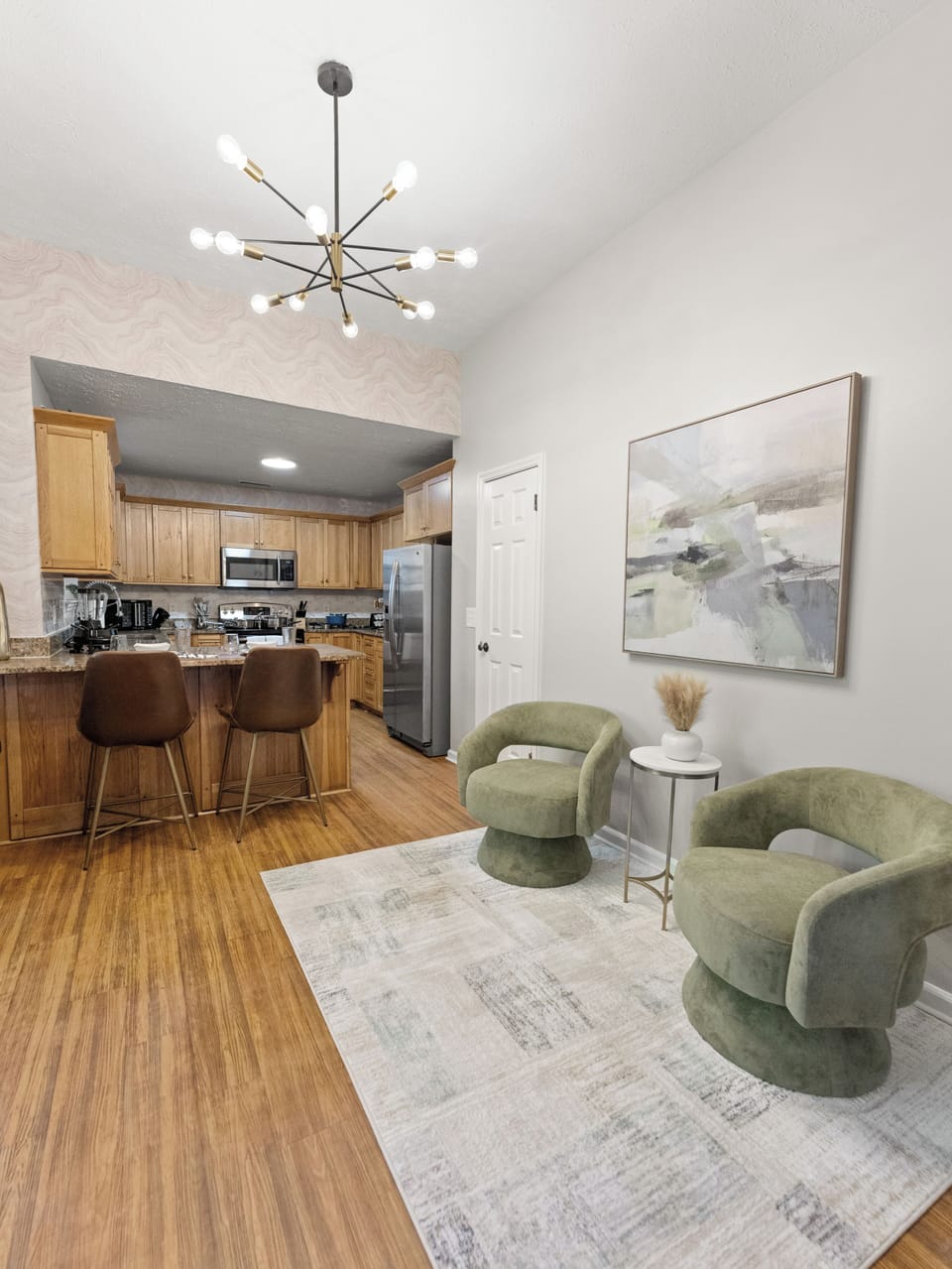 Espresso bar room with designer-inspired swivel chairs