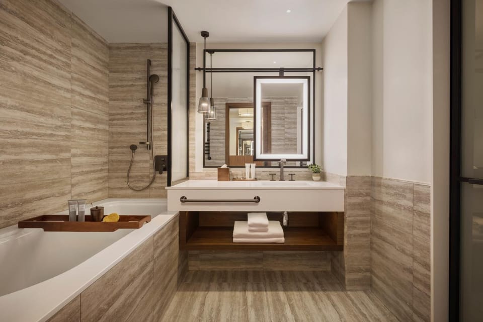 Indulge in a deep soaking tub for spa-like unwinding.