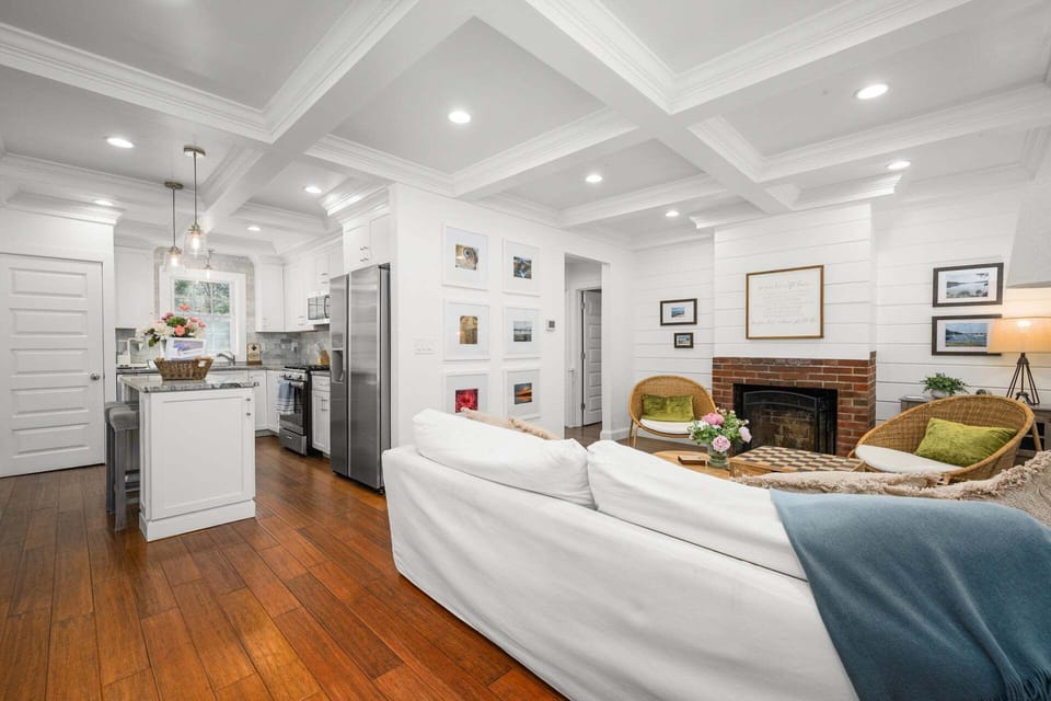 Living room flows into kitchen