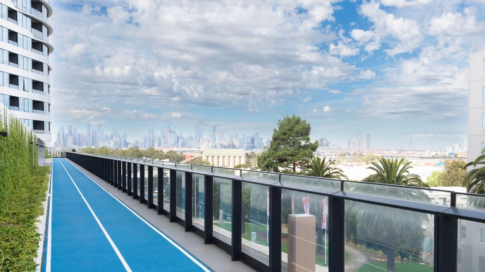 Rooftop communal running track with elevated views