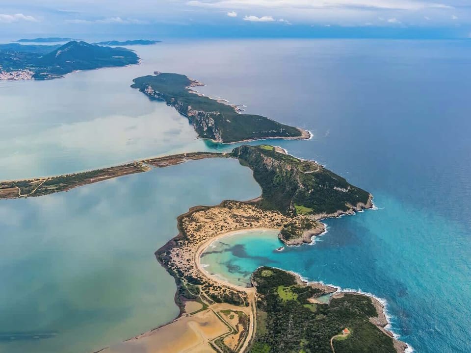 Stunning aerial view of Voidokilia lagoon and coastline.