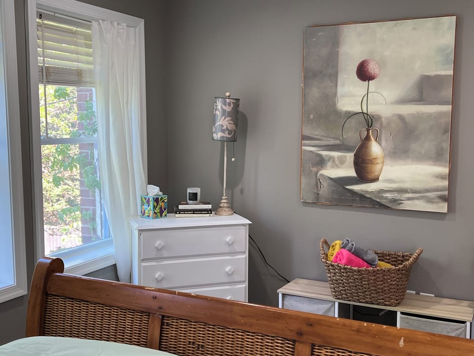 Queen bedroom dresser and full closet and view of trees in the back