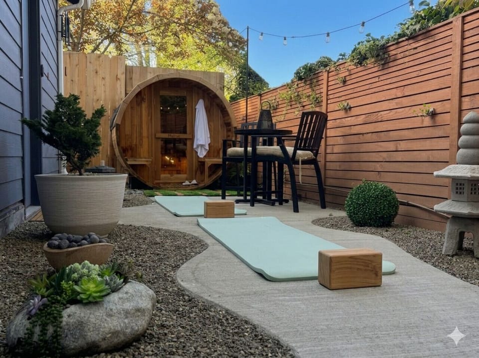 Your comfort is our priority. Experience superior padding with our 1-inch thick yoga mats, designed to make your backyard stretch and sauna session as relaxing as possible.