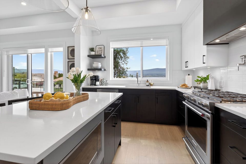 Modern kitchen with stunning lake views and a bright, open layout