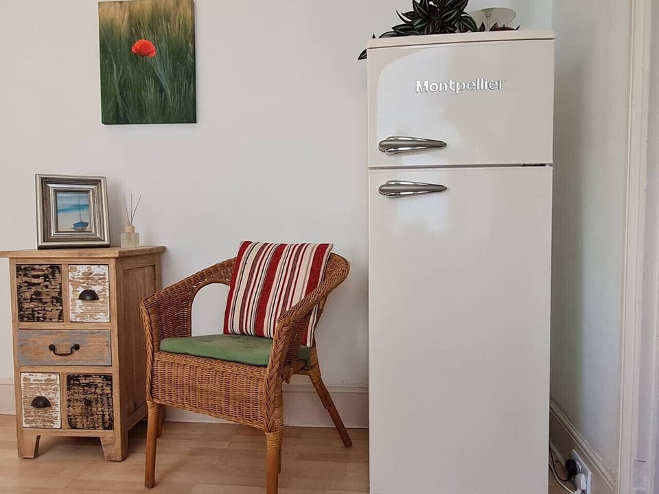 The retro Montpellier fridge-freezer adds vintage charm to the living space.
