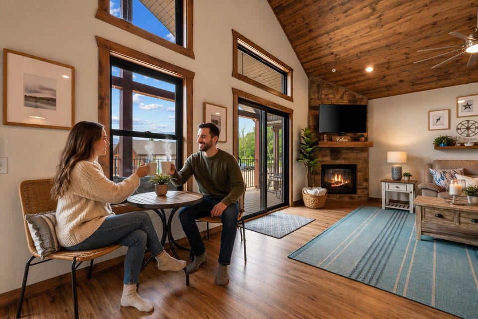 Start your morning with coffee and lake views ☕🌿 — cozy seating, natural light, and a warm fireplace just steps away