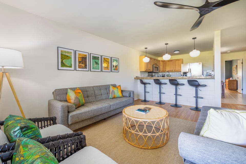 Bright living space with kitchen bar—ideal for dining and lounging