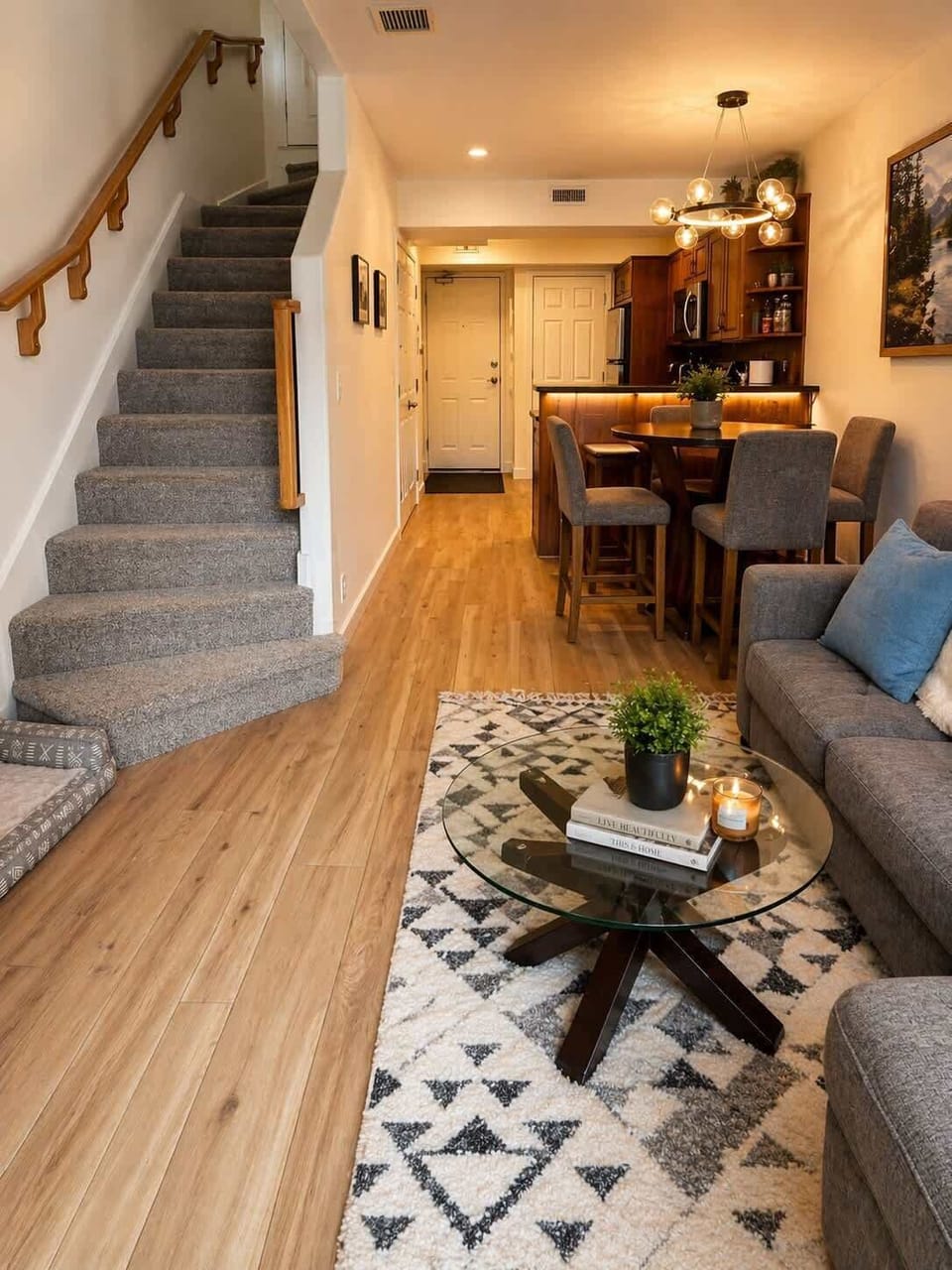 The lower level contains the living room, dining area, kitchen and laundry, as well as the outdoor deck. The stairs take you up to the two bedrooms and main bathroom. Stairs are carpeted for safety and comfort.