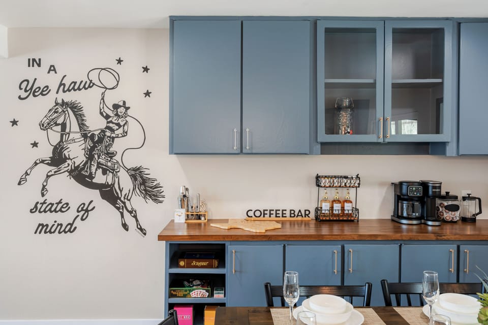 Coffee bar with Keurig Duo, French press, and premium syrups