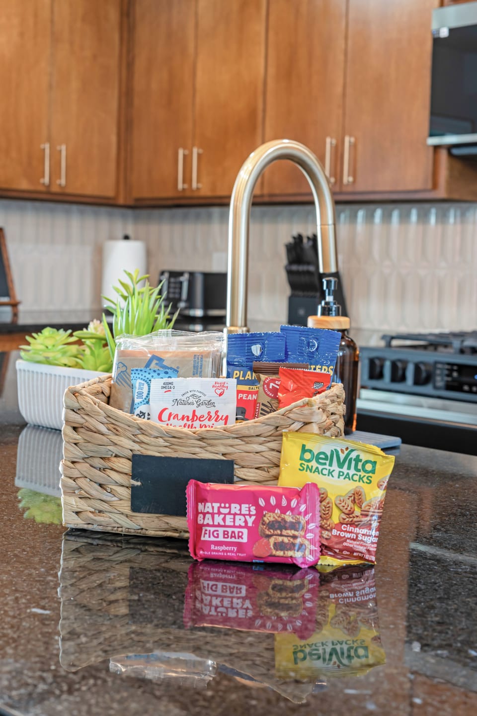 Complimentary welcome snack basket waiting on arrival