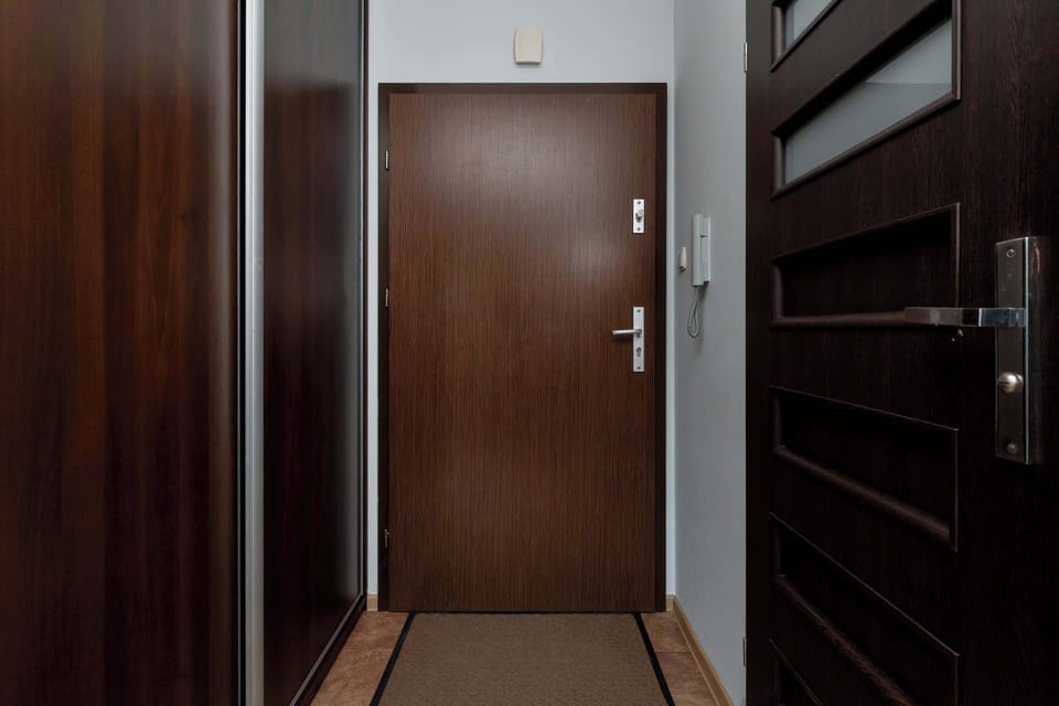 An entry area with dark wooden doors and a simple, functional layout. The design is minimal, providing a clean and practical transition into the apartment.