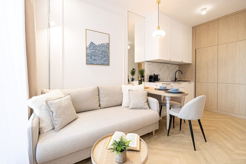Elegant apartment with a relaxing lounge space and a functional kitchen in an open layout.
