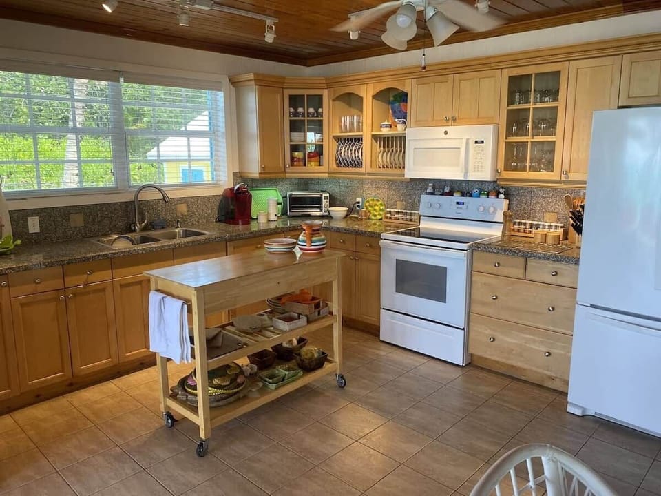 Fully-stocked kitchen has everything you need for cooking.