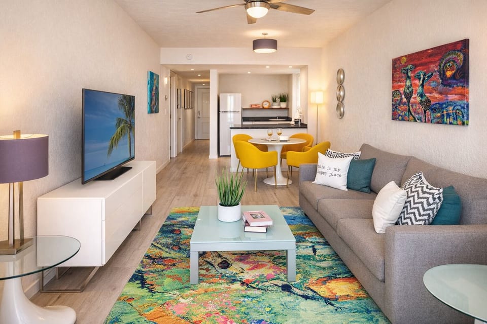 Gather for movie nights in a bright, colorful lounge.