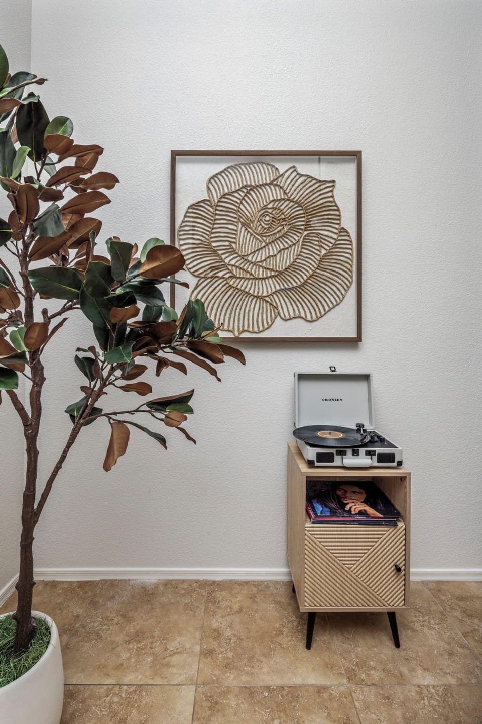 Set the mood with vinyl tunes beside this warm, inviting nook.